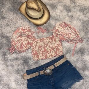 By Together Floral Puff Sleeve Crop Top - Pink and White